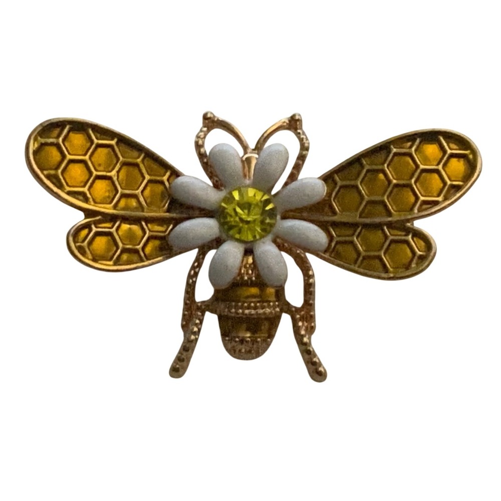 Gold Tone Honey Bee Brooch White Daisy Yellow Rhinestone Honeycomb Pin